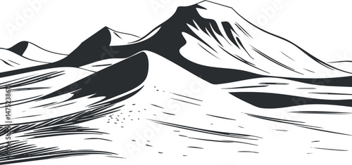 Black and white illustration of a mountain landscape with sand dunes in a desert environment
