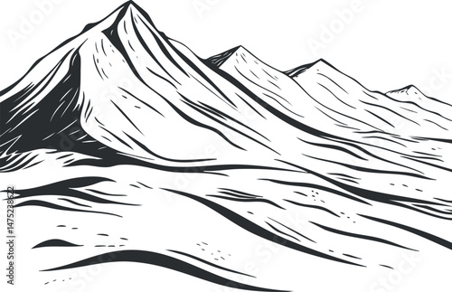 Black and white illustration of a mountain range with sharp peaks and rugged terrain in a natural landscape