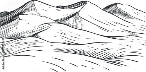 Hand drawn black and white sketch of a mountainous landscape with hills and ridges