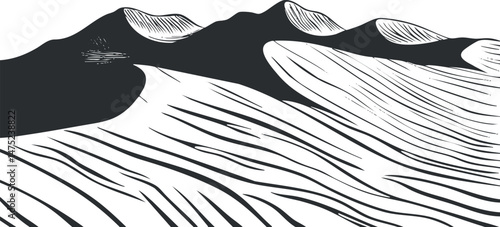 Black and white illustration of a mountainous landscape with ridges and hills showing natural terrain