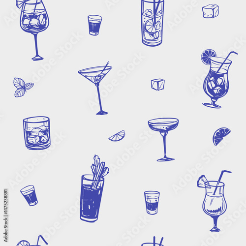 Сocktails, glass alcoholic drink, sketch, seamless pattern, hand drawn illustration vector