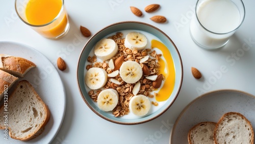 Wholesome breakfast bowl including yogurt, banana, granola, almonds, with milk, juice, and bread on white background, overhead view