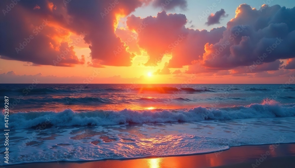 Fototapeta premium Stunning sunrise over tranquil ocean, vibrant colors paint the sky , water, astronomy