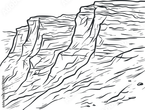 Black and white line drawing of rocky cliff and steep mountain terrain with natural geological formations