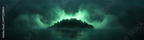 Mysterious island shrouded in eerie green fog at night, reflecting in dark water.