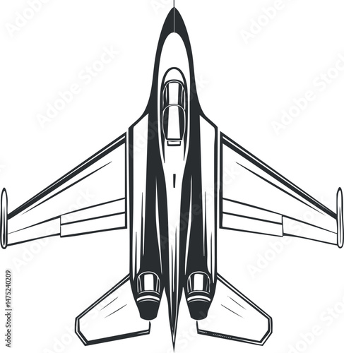 Top view black and white illustration of a modern fighter jet aircraft showing wings and cockpit