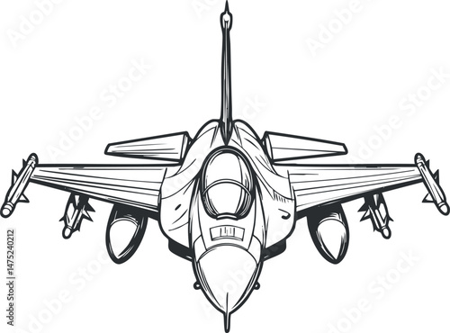 Front view line art illustration of a fighter jet aircraft with weapons and cockpit details
