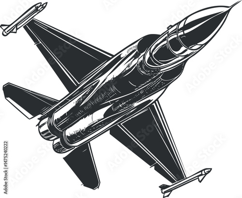 Black and white illustration of a fighter jet with missiles showing aerodynamic design and weaponry