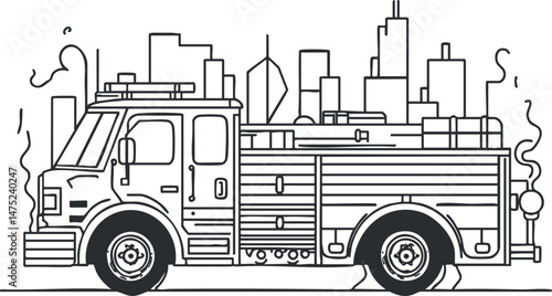 Black and white line drawing of a firetruck with city skyline in the background showing emergency rescue vehicle