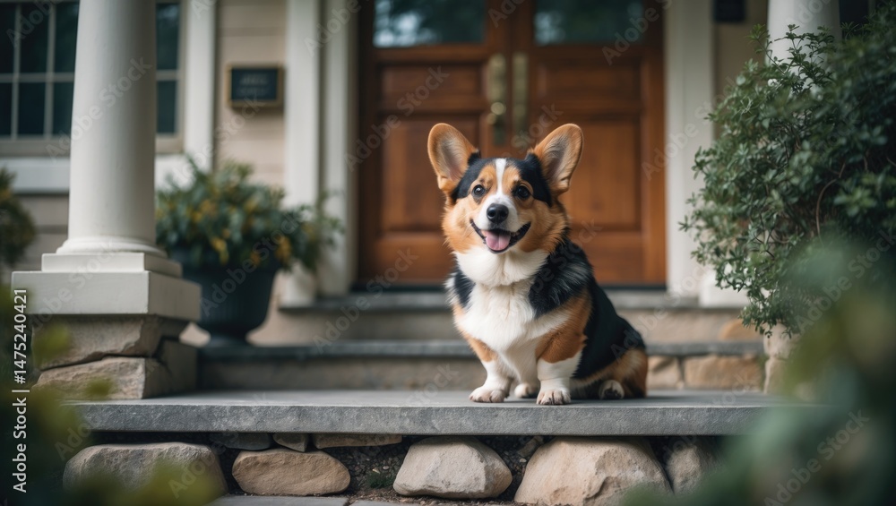 Obraz premium Sweet senior Corgi sitting on the porch smiling