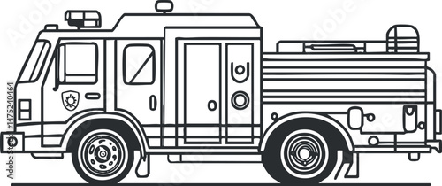 Side view line art illustration of a firetruck used by fire departments for emergency firefighting and rescue operations