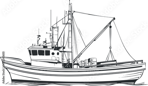 Black and white line drawing of a fishing boat with detailed rigging and deck equipment on water