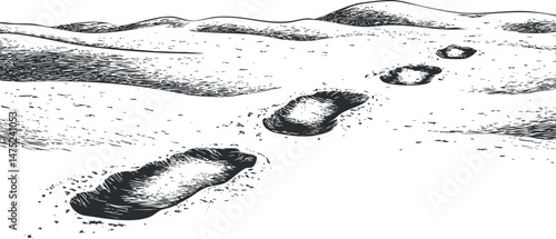 Black and white illustration of footprints in sandy desert dunes showing a walking path in an arid landscape.