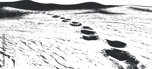 Black and white image of footprints in sandy desert landscape with dunes and shadows