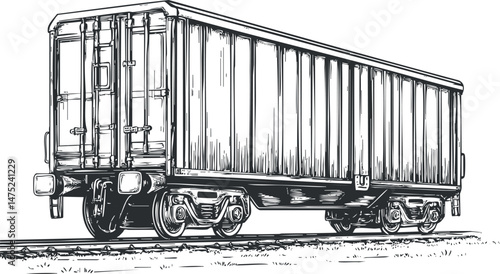 Black and white sketch of a freight boxcar railcar on railroad tracks for cargo transport