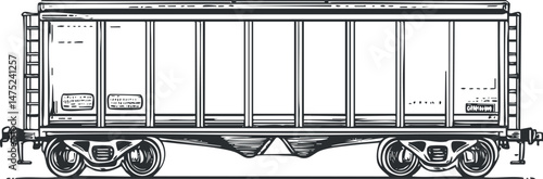 Black and white line drawing of a freight railcar hopper used for transporting bulk materials on railways