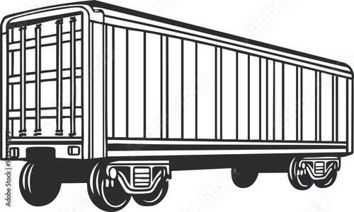 Black and white illustration of a freight railcar used for transporting cargo on train tracks