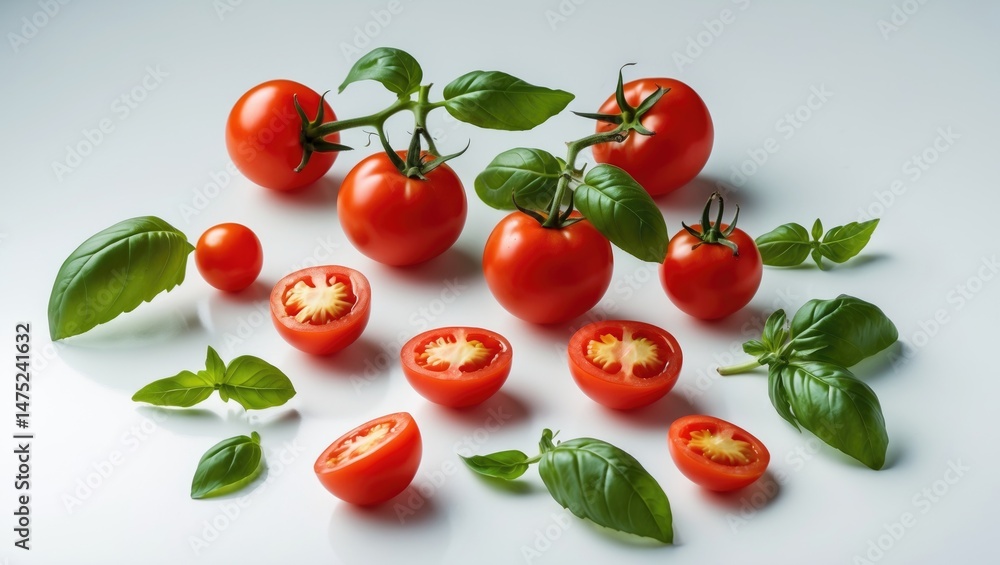 Fototapeta premium Cherry tomatoes alongside basil leaves on a white surface
