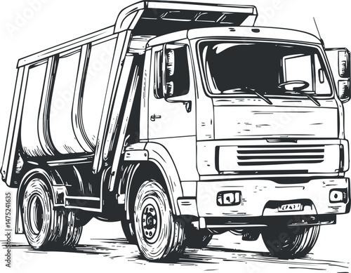 Black and white illustration of a dump truck used for construction and heavy cargo transport.