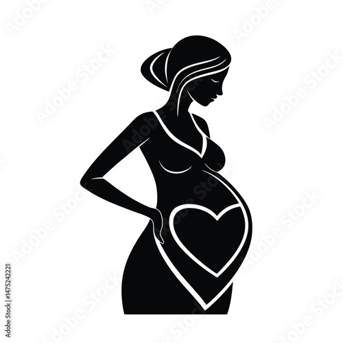 Silhouette of a pregnant woman with a heart shape in her belly symbolizing love and maternity on white background