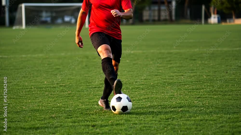 A young man in a red jersey skillfully strikes a soccer ball on a lush green field during golden hour A young man in a red jersey skillfully strikes a soccer ball on a lush green field during golden hour