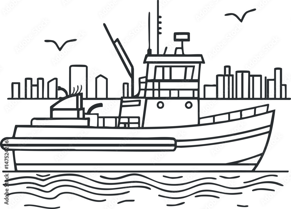 Fototapeta premium Black and white line drawing of a fishing boat on water with city skyline and seagulls in background