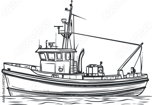 Black and white sketch illustration of a fishing boat on water showing detailed vessel structure and equipment