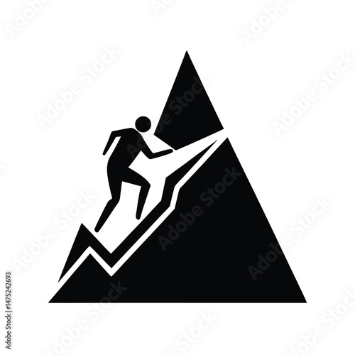 Simple black and white icon illustrating a person climbing a mountain demonstrating effort and achievement