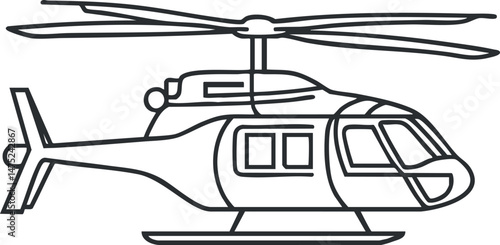 Black and white line drawing of a helicopter showing rotor blades, cockpit, and tail rotor