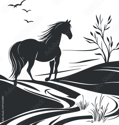 Silhouette of a horse standing on a flowing landscape with birds flying and a tree nearby in black and white design
