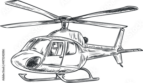 Black and white sketch of a helicopter showing detailed rotor blades and cockpit for aviation or transport concept