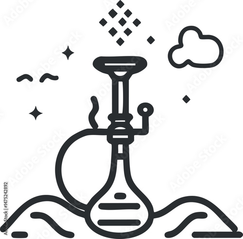 Black outline icon of a hookah or shisha with smoke clouds and decorative elements around it