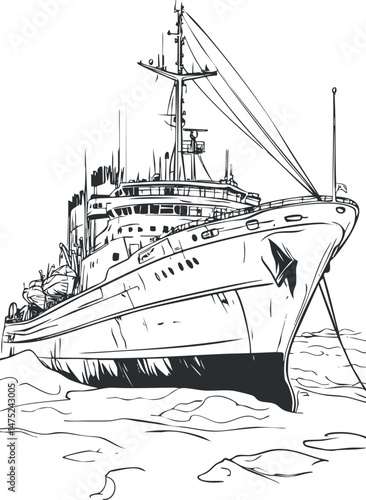 Black and white line drawing of a large ship sailing on the ocean with detailed hull and mast