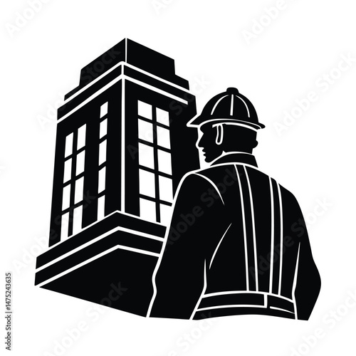 Construction worker in safety gear surveying a skyscraper building a black and white silhouette artwork