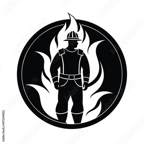 Silhouette of a brave firefighter standing in flames within a circular frame representing heroism and bravery