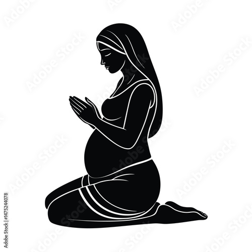 Silhouette of a pregnant woman kneeling in prayer with a head covering and clasped hands on a white background