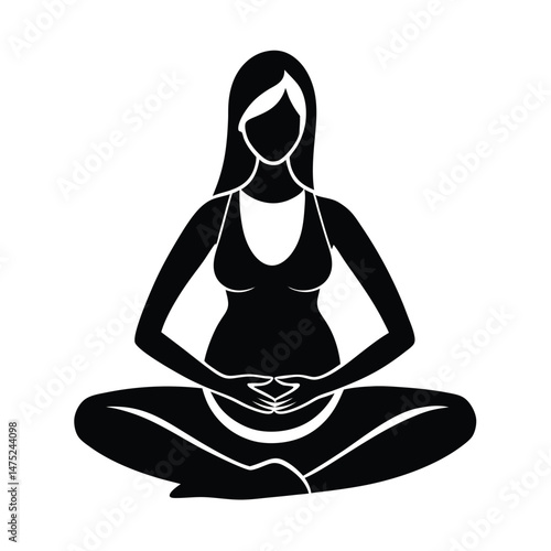 Silhouette illustration of a pregnant woman meditating in lotus pose expecting motherhood and wellbeing concept