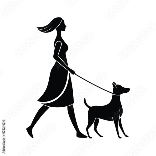 Silhouette illustration of a woman walking a dog on a leash representing companionship and outdoor activity.