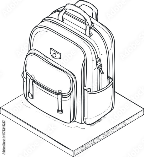Black and white outline drawing of a backpack with multiple pockets and handle on a platform