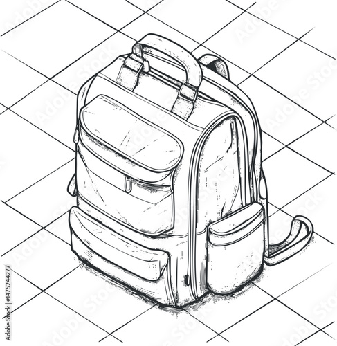 Detailed black and white sketch of a backpack with multiple pockets and straps on tiled floor