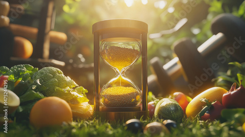Hourglass amidst fresh fruits and vegetables