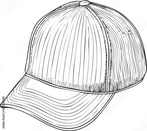 Black and white line illustration of a baseball cap with detailed stitching and visor