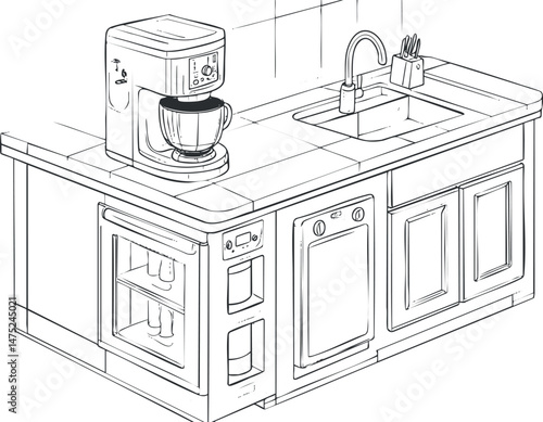 Modern kitchen counter with sink oven and mixer on tiled countertop in clean interior space