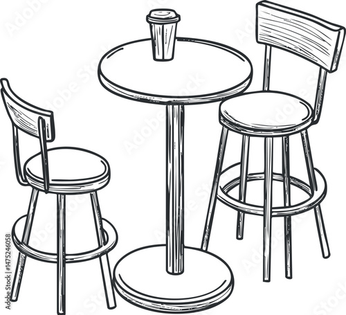 Illustration of a round table with two wooden chairs and a takeaway coffee cup on top