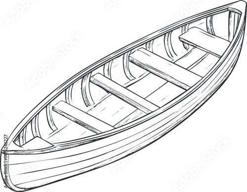 Black and white line drawing of a wooden canoe boat showing seats and hull structure for water transport