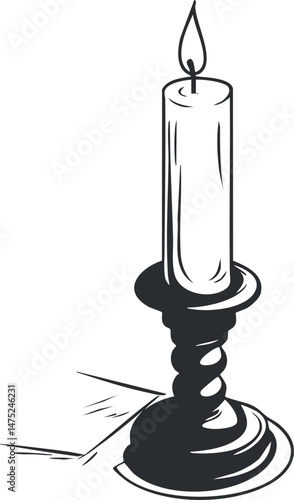 Black and white illustration of a single burning candle in a candlestick casting shadow on a white background