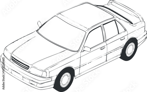 Black and white line art illustration of a sedan car with spoiler viewed from an elevated angle showing detailed exterior features