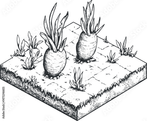 Black and white illustration of carrots growing in a garden soil patch with leaves and plants