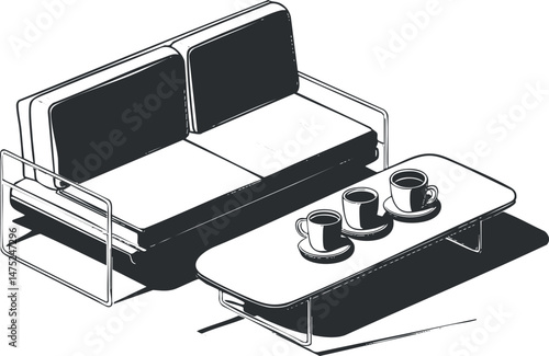 Black and white illustration of a modern sofa with a coffee table holding three cups in a living room setting