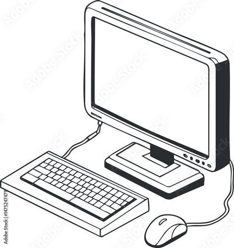 Black and white line art illustration of a desktop computer setup with monitor keyboard and mouse connected by wires